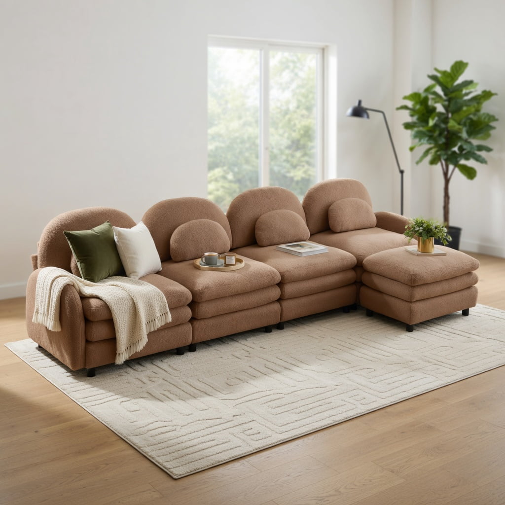 Hommoo Teddy Fleece 4-Seat Modular Sectional Sofa, Cloud-Like Double-Layer Cushion, Curved Backrest & Armrest, Movable Ottoman, Lumbar Support Pillows, Camel