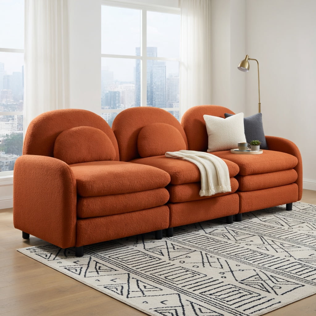 Hommoo Teddy Fleece 4-Seat Modular Sectional Sofa, Cloud-Like Double-Layer Cushions, Curved Backrest & Armrest, Movable Ottoman, Lumbar Support Pillows, Orange