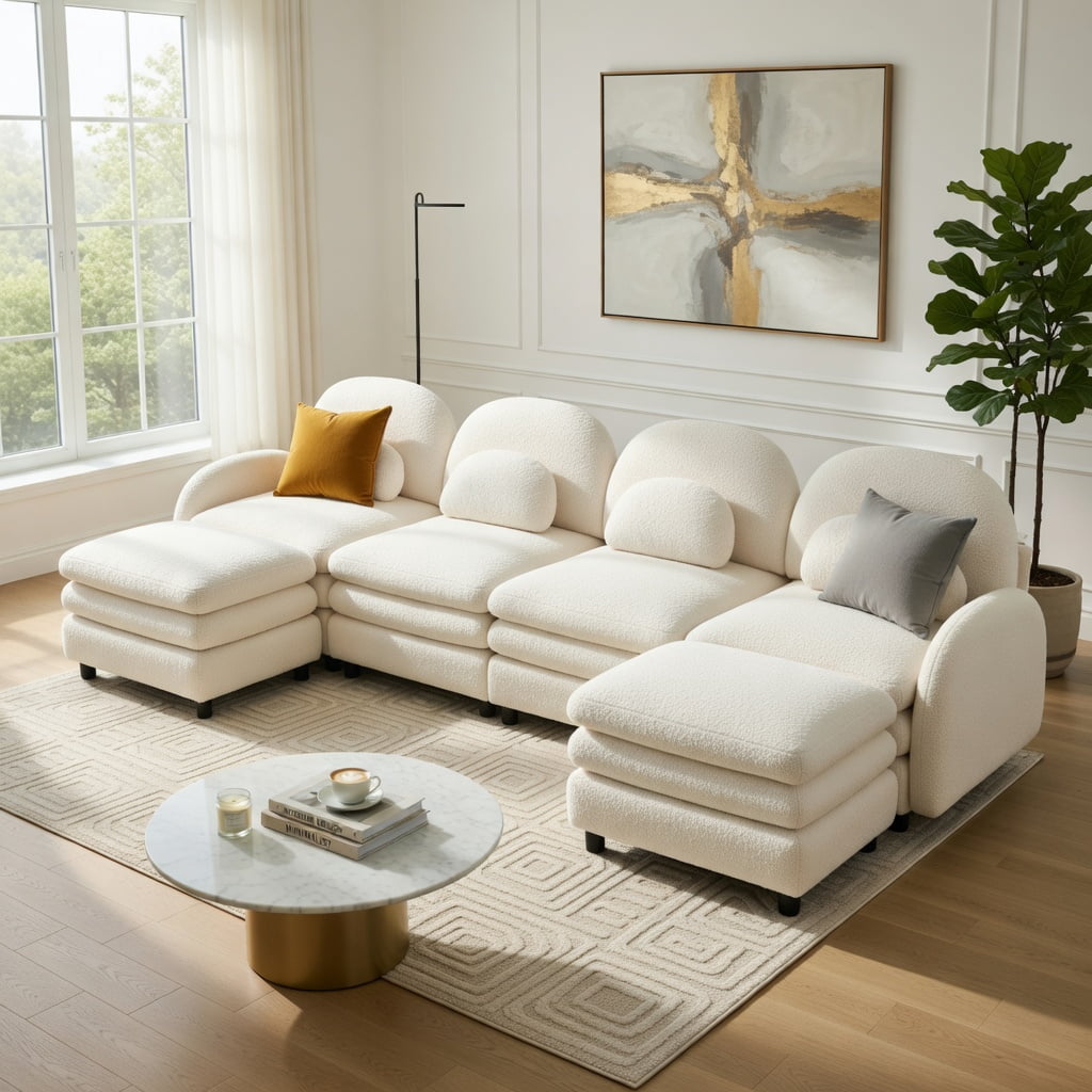 Hommoo Teddy Fleece 4-Seat Modular Sectional Sofa with Curved Backrest, Cloud-Like Double-Layer Cushions & 2 Movable Ottomans, Beige