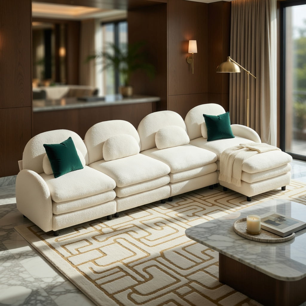 Hommoo Teddy Fleece 4-Seat Modular Sectional Sofa with Curved Backrest, Movable Ottoman & Double-Layer Cloud Cushions, Beige