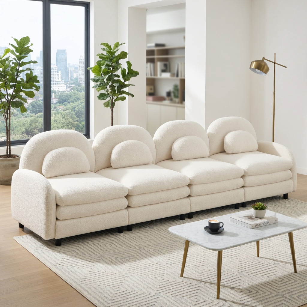 Hommoo Teddy Fleece 4-Seat Modular Sofa Set, Cloud-Soft Curved Backrest, Double-Layer Cushions & Lumbar Support, Living Room Couch, Beige
