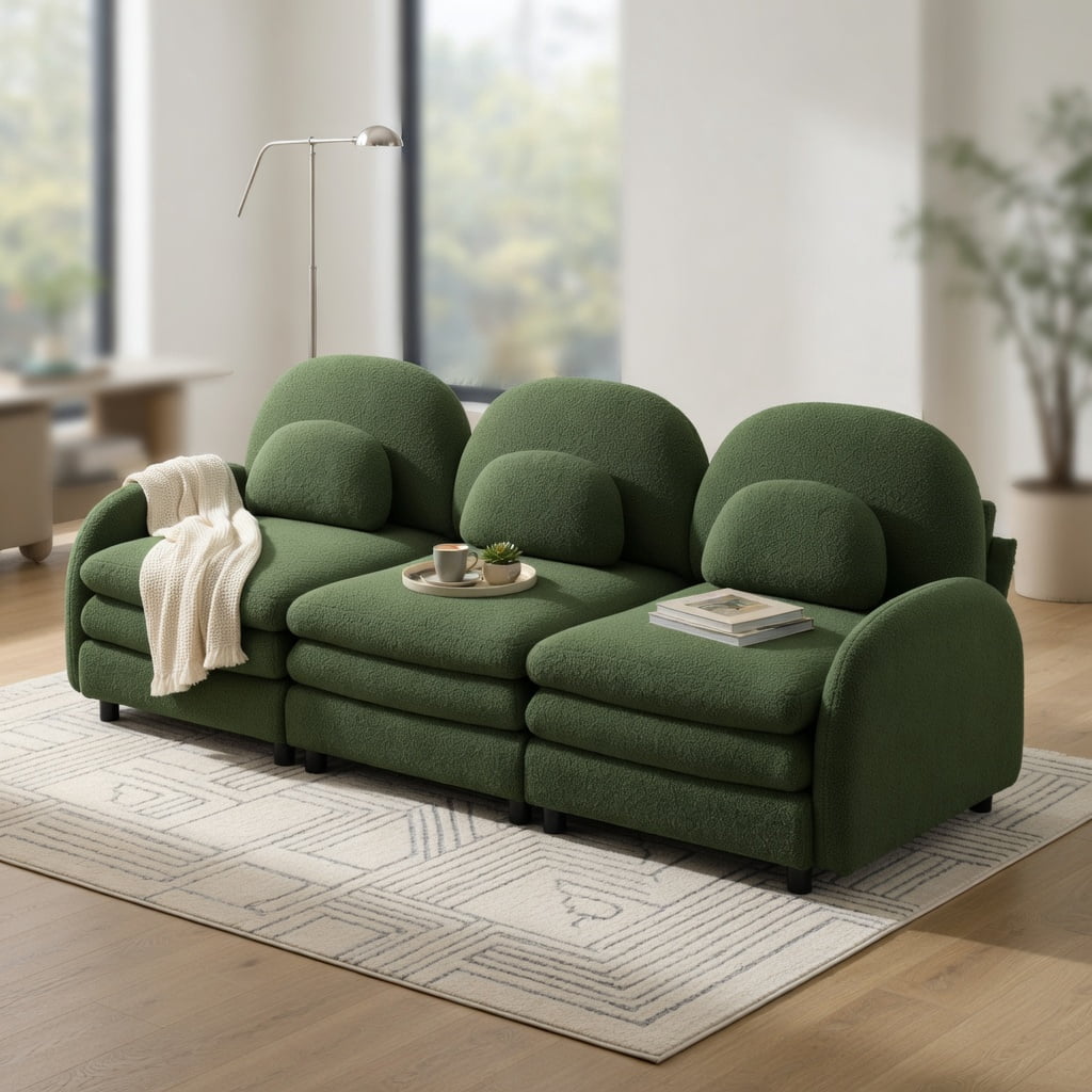 Hommoo Teddy Fleece Modular 3-Seat Sofa, Cloud-Like Comfort, Curved Backrest & Armrest, Double-Layer Cushioning, Lumbar Support Pillows, Green