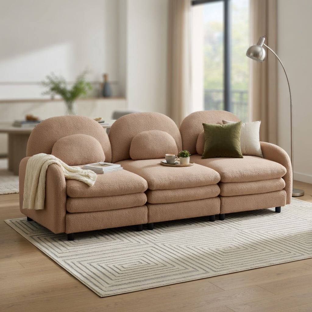 Hommoo Teddy Fleece Modular 3-Seat Sofa, Cloud-Soft Curved Backrest, Double-Layer Cushioning & Lumbar Support, Living Room Couch, Camel