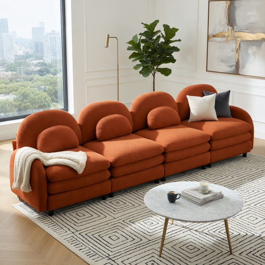 Hommoo Teddy Fleece Modular 4-Seat Sofa, Cloud-Like Softness, Curved Backrest & Armrest, Double-Layer Cushioning with Lumbar Support, Orange