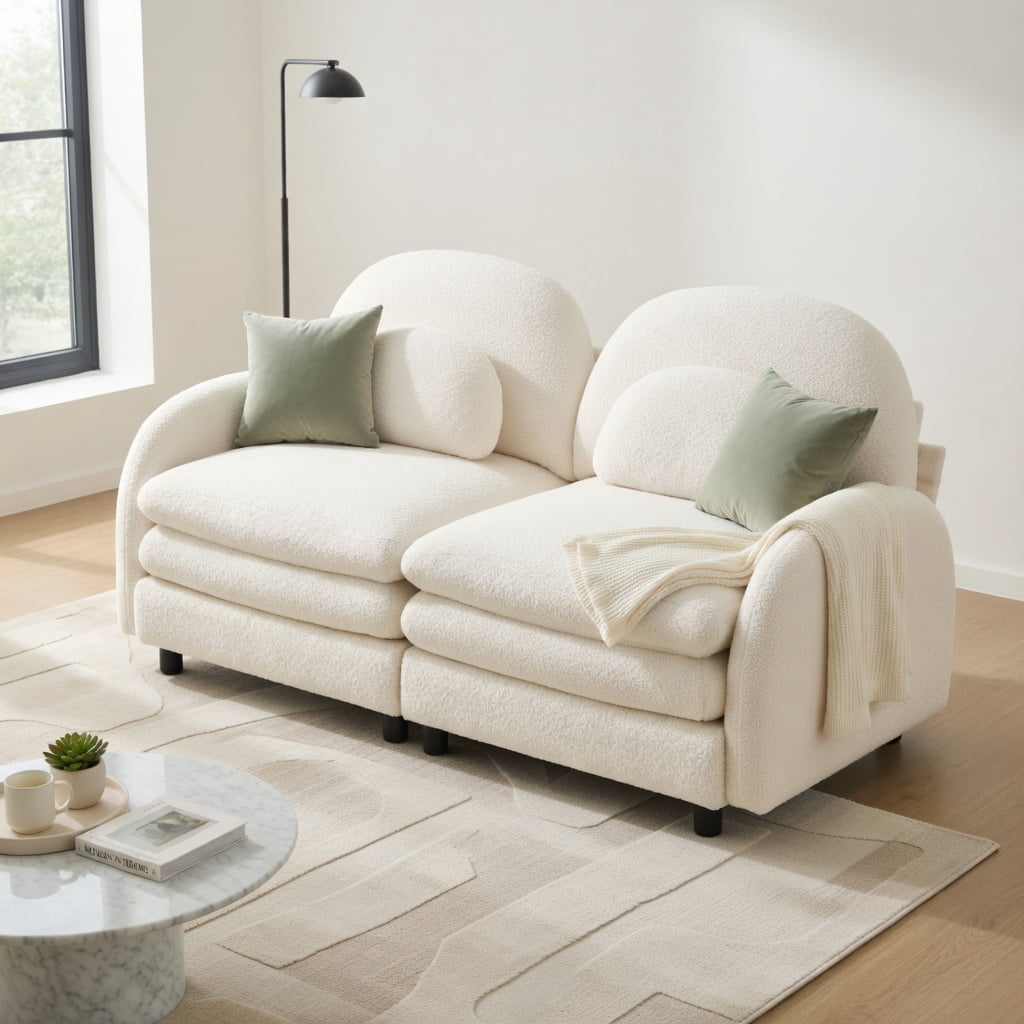 Hommoo Teddy Fleece Modular Loveseat Sofa, 2-Seater Cloud-Like Comfort Couch with Curved Backrest, Lumbar Pillows & Double-Layer Cushions, Beige