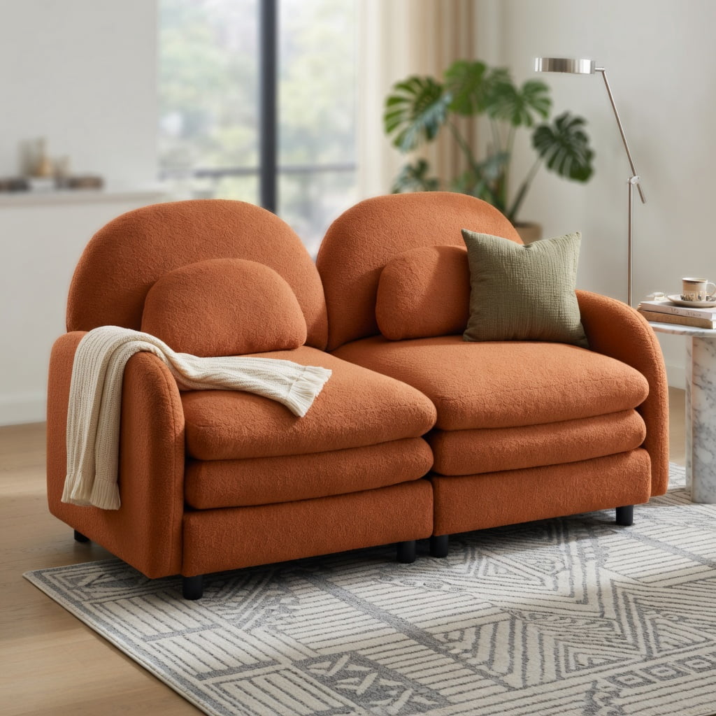 Hommoo Teddy Fleece Modular Loveseat Sofa, 2-Seater Cloud-Like Comfort Couch with Curved Backrest, Lumbar Pillows & Double-Layer Cushions, Orange