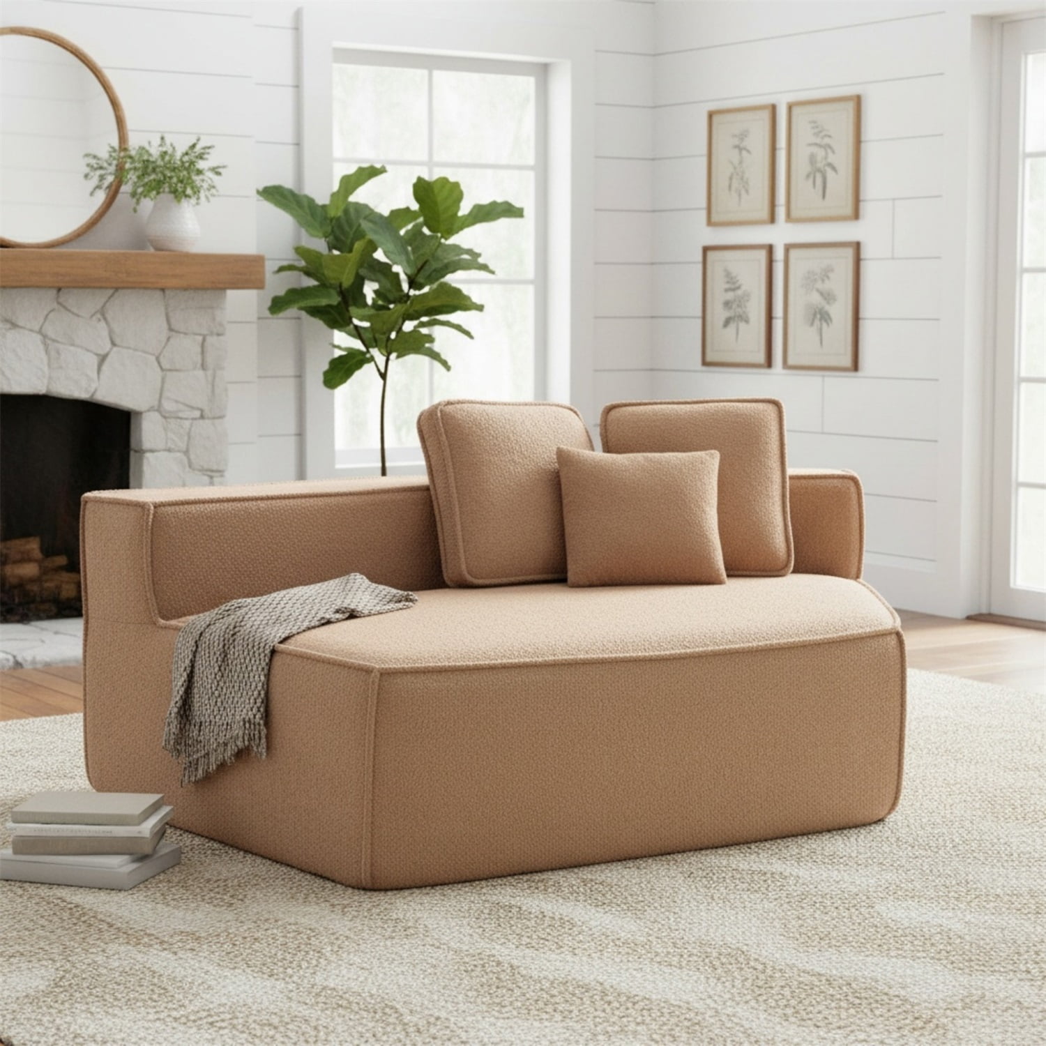 Hommoo Teddy Fleece Single Sofa Chair,Compressed Modular Floor Couch with Wide Seat and 3 Back Cushions, Soft All-Foam Support, Cozy Lounge Chair for Home, Kids & Pets, Right Side, Brown