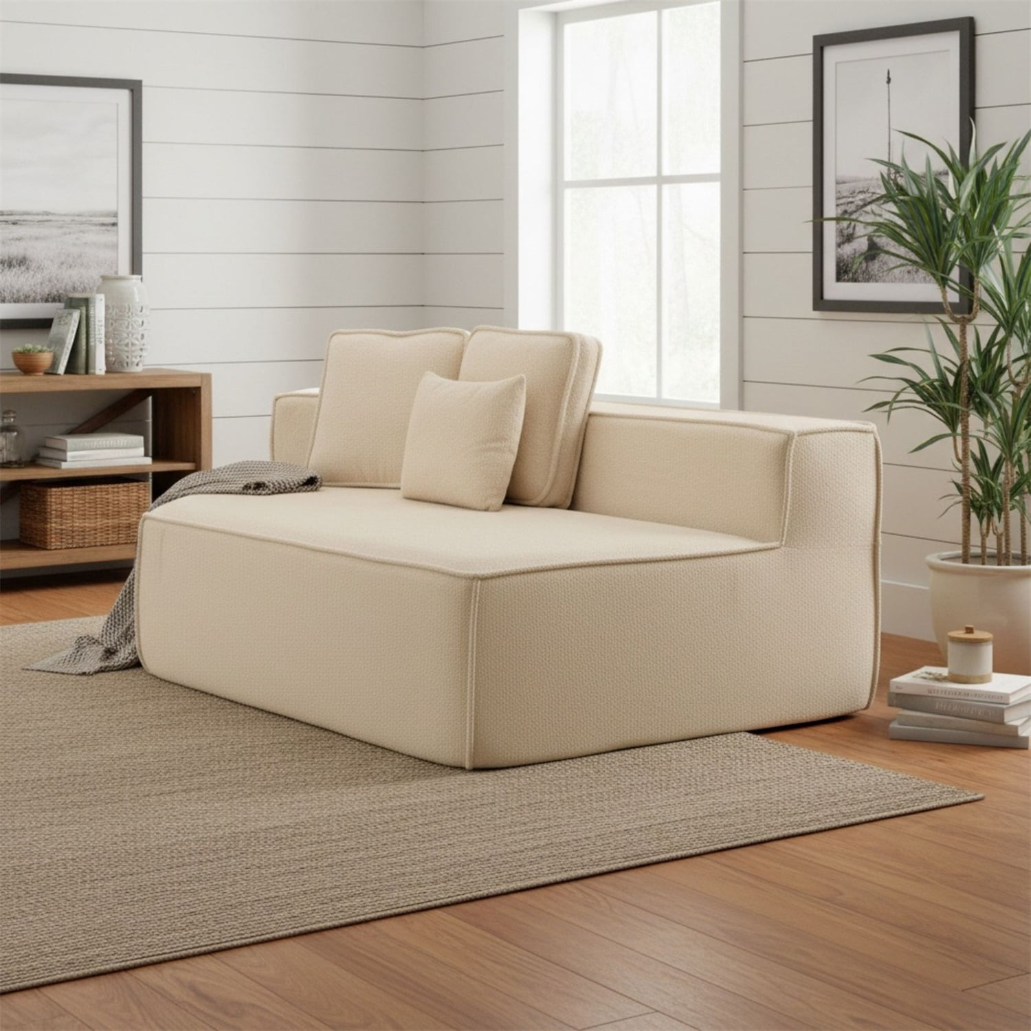 Hommoo Teddy Fleece Single Sofa Chair,Compressed Modular Floor Couch with Wide Seat and 3 Back Cushions, Soft All-Foam Support, Cozy Lounge Chair for Home, Kids & Pets, Left Side, Beige