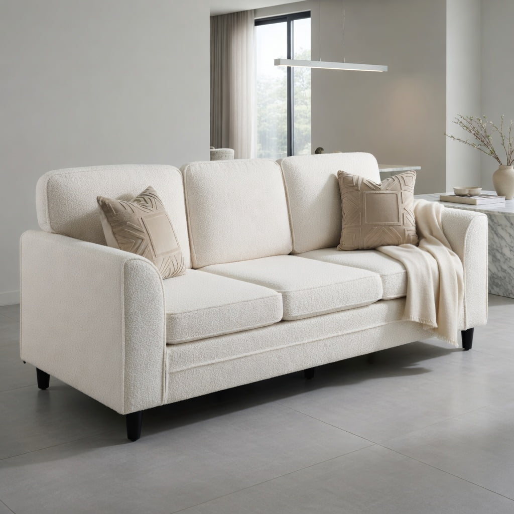 Hommoo Teddy Velvet 3-Seater Sofa, Plush Upholstered Living Room Couch with Ergonomic Back Support, Machine-Washable Cushion Covers, Rubber Wood & Metal Frame, White