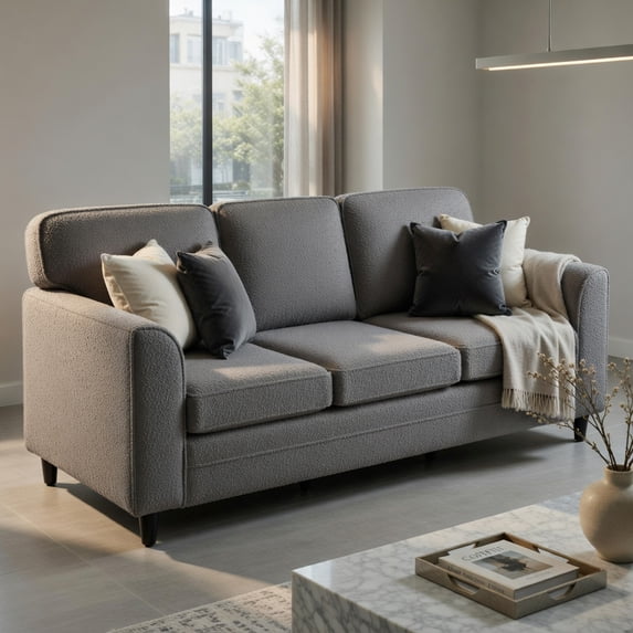 Hommoo Teddy Velvet 3-Seater Sofa, Upholstered Living Room Couch with Ergonomic Support, Machine-Washable Cushions & Sturdy Rubber Wood Legs, Gray