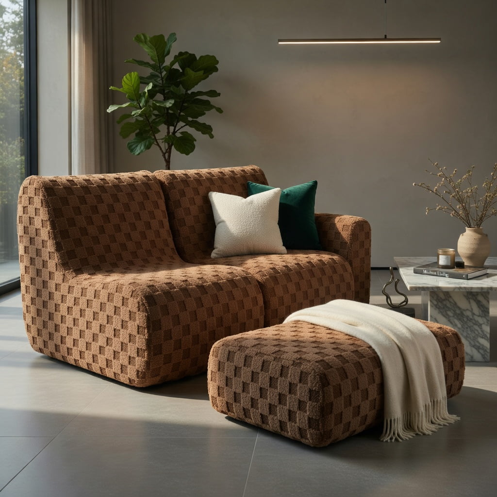 Hommoo Teddy Velvet Bean Bag Chair Set with Ottoman, High-Rebound Foam, Machine-Washable Cover, Non-Slip Base, No Assembly Needed, Brown