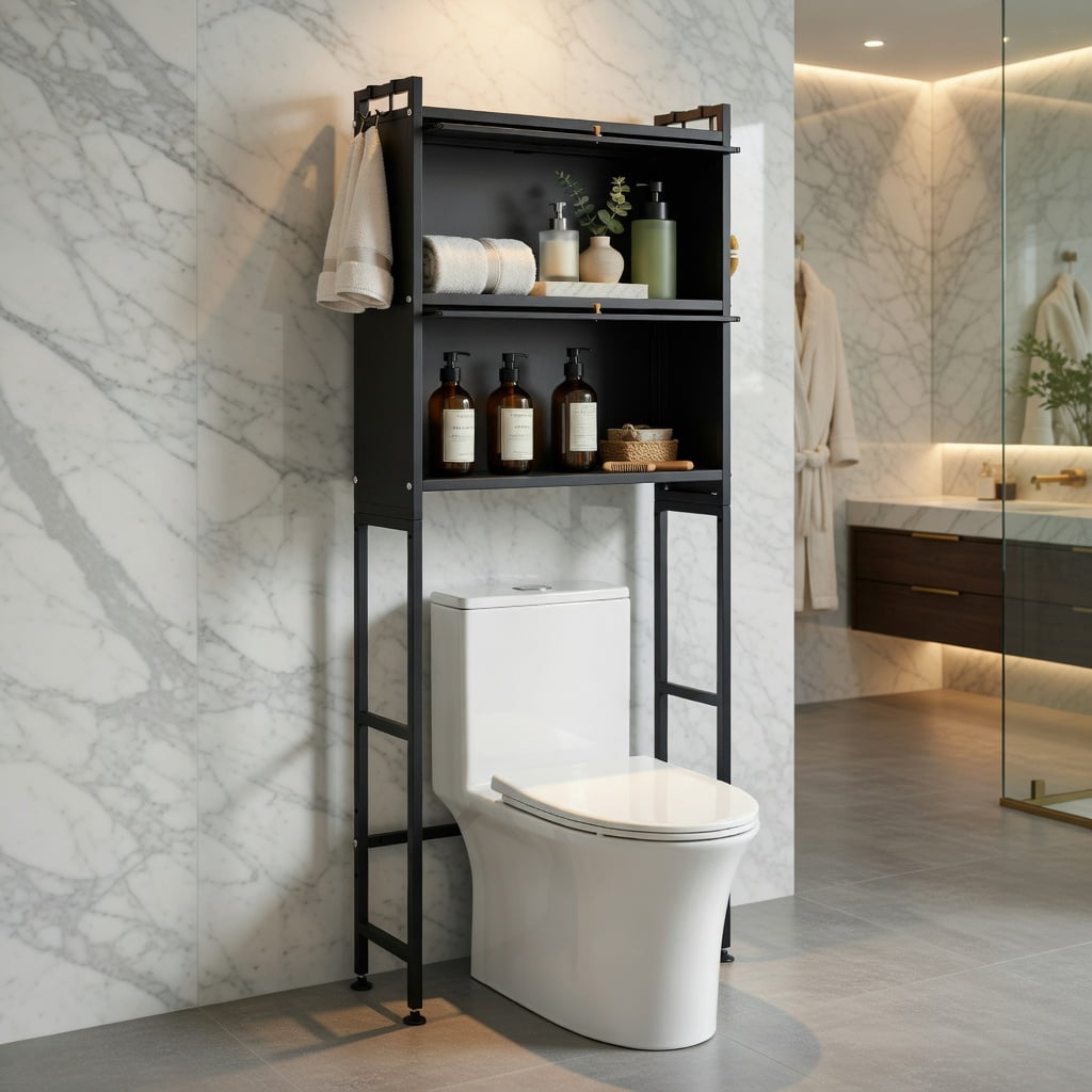 Hommoo Over the Toilet Storage Cabinet with Flip-Up Doors, 2-Tier Bathroom Organizer for Shampoo & Toiletries, Space-Saving Steel Frame with Adjustable Feet & Wall Anchors, Black