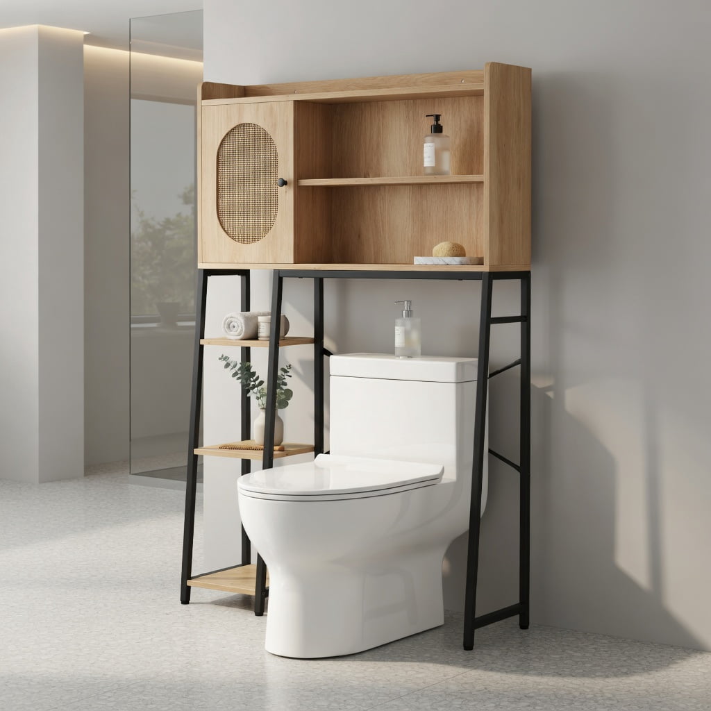 Hommoo Over the Toilet Storage Cabinet with PE Rattan Door, 3-Tier Adjustable Open Shelves, Engineered Wood & Metal Frame, Space-Saving Bathroom Organizer, Natural