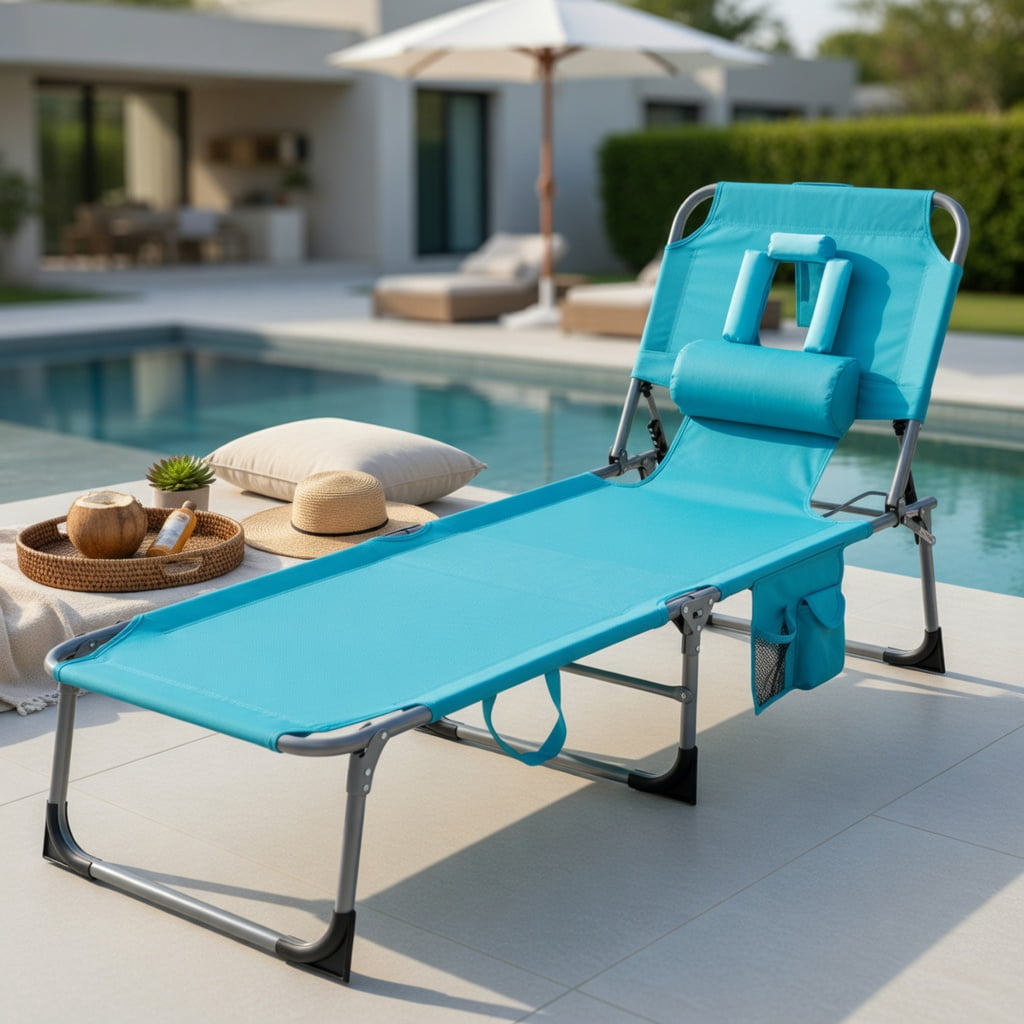 Hommoo Turquoise Folding Beach Lounge Chair with Adjustable Backrest, Carry Strap & Removable Pillow, Heavy-Duty Aluminum Frame, Perfect for Beach, Pool, Patio & Outdoor Relaxation