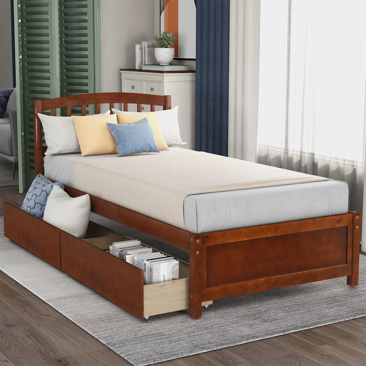 Hommoo Twin Platform Storage Bed Wood Bed Frame with Two Drawers and Headboard, Walnut