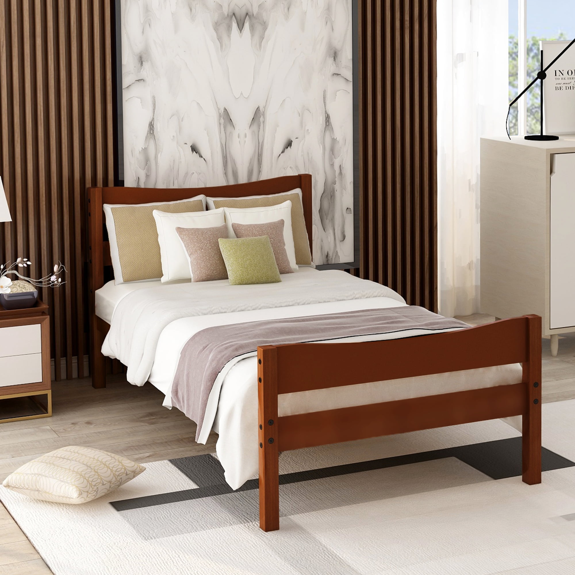 Hommoo Twin Size Wood Platform Bed with Headboard and Wooden Slat Support, Walnut