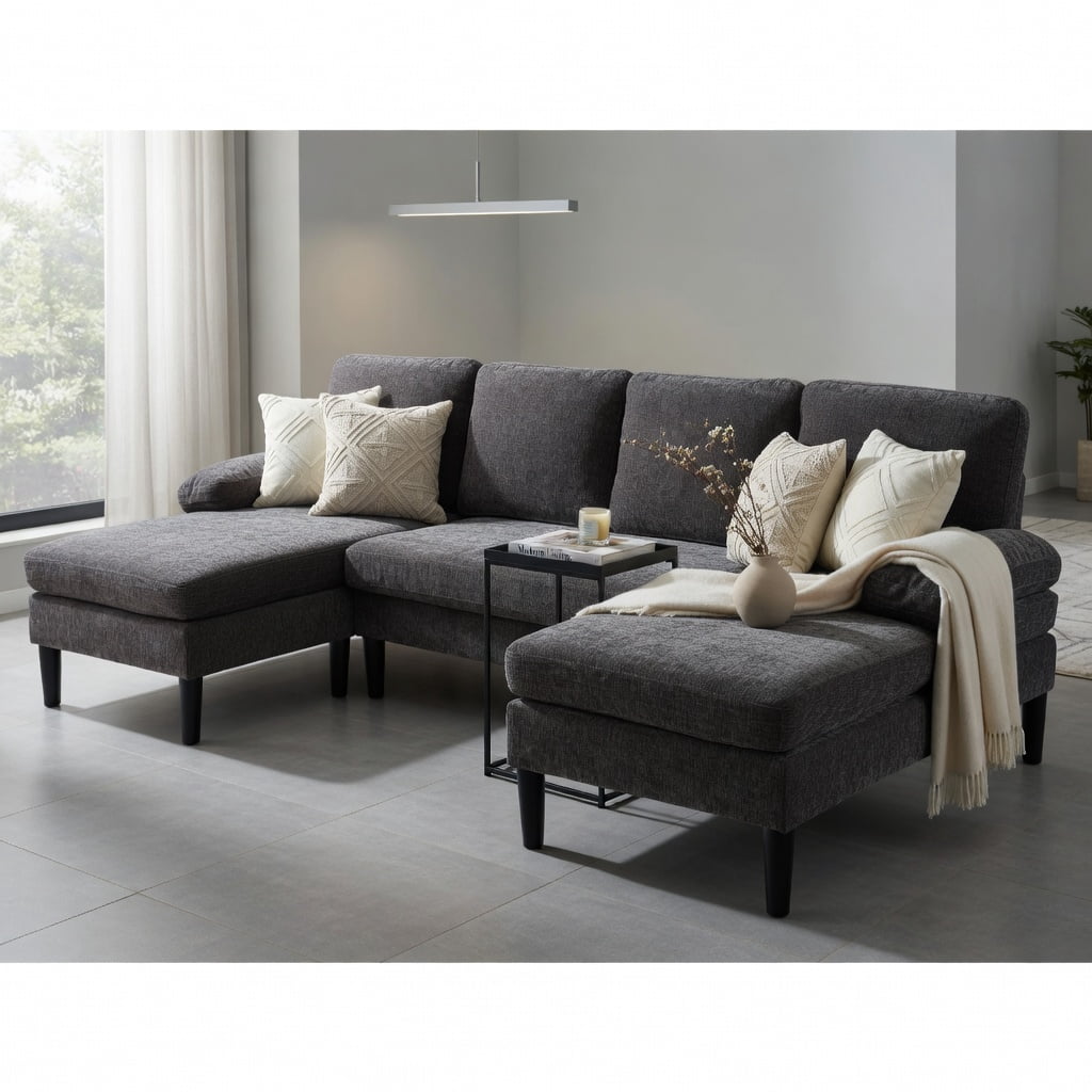 Hommoo U-Shaped Sectional Sofa with Dual Chaise Lounge, Chenille Fabric Living Room Couch for 5-6 People, 1000 lb Weight Capacity, Gray