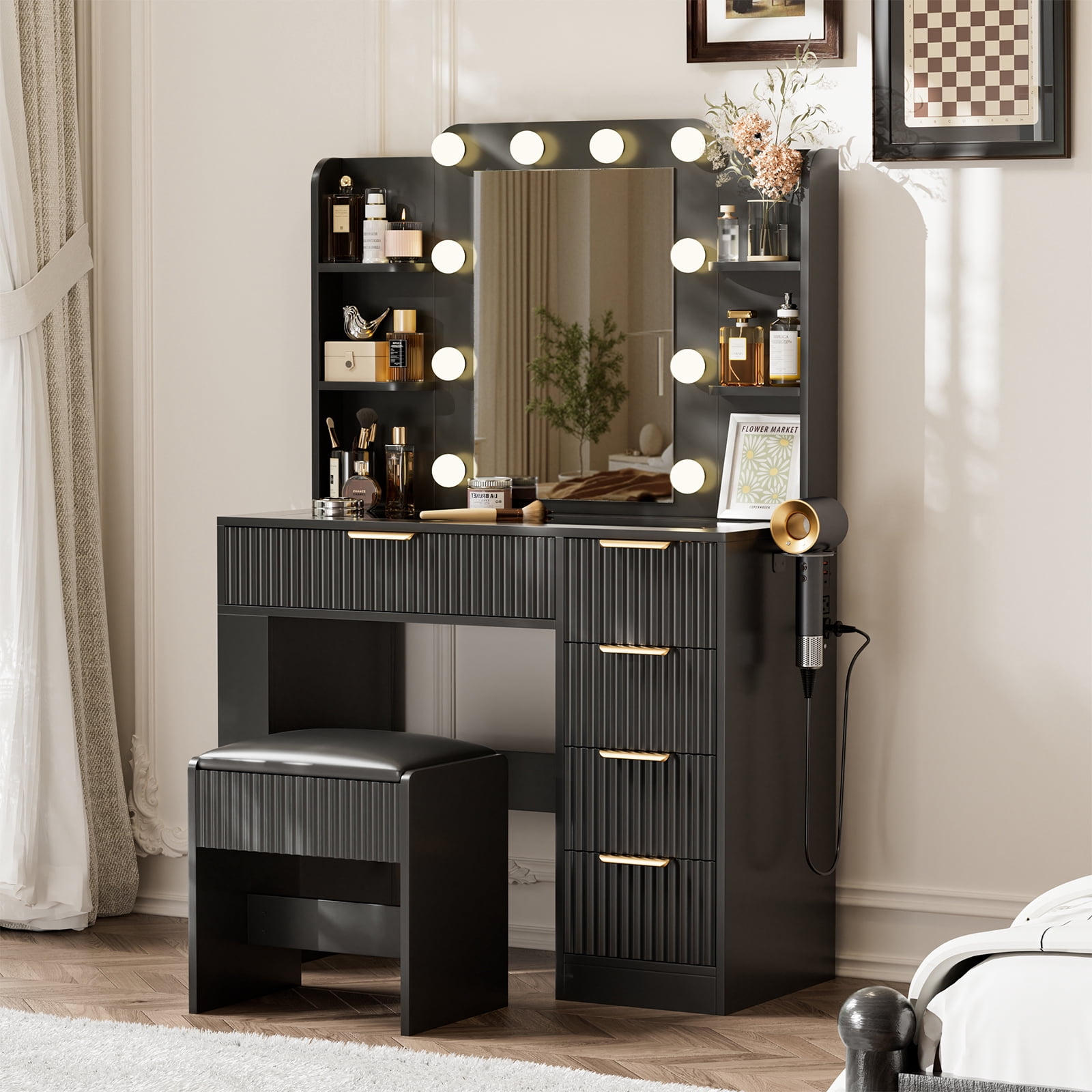 Hommoo Vanity Desk with Mirror and 3 Colors Lights, Makeup Vanity Set Dressing Table with Charging Station, Transparent Tabletop, 5 Drawers & Open Storage for Bedroom, Black