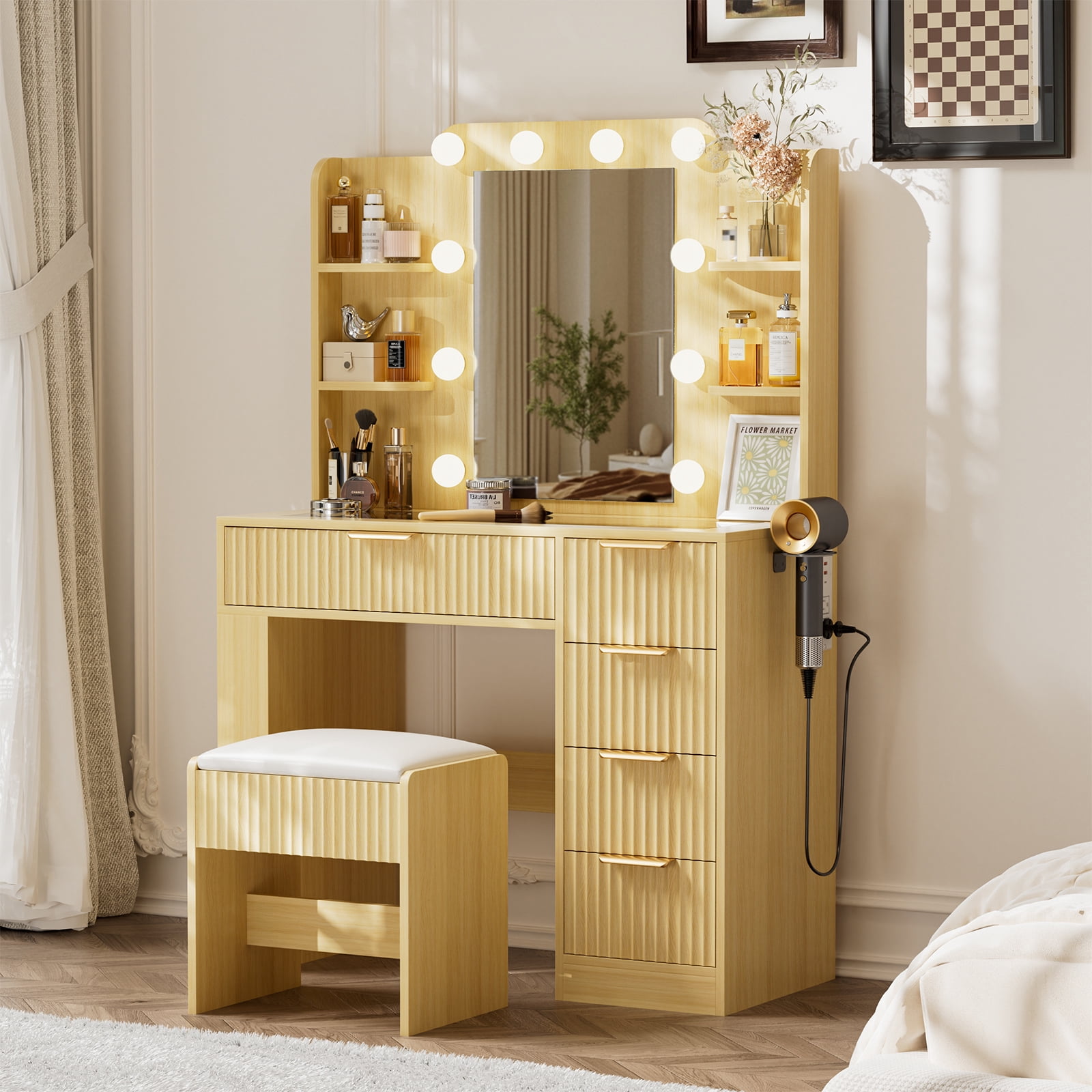 Hommoo Vanity Desk with Mirror and 3 Colors Lights, Makeup Vanity Set Dressing Table with Charging Station, Transparent Tabletop, 5 Drawers & Open Storage for Bedroom, Oak