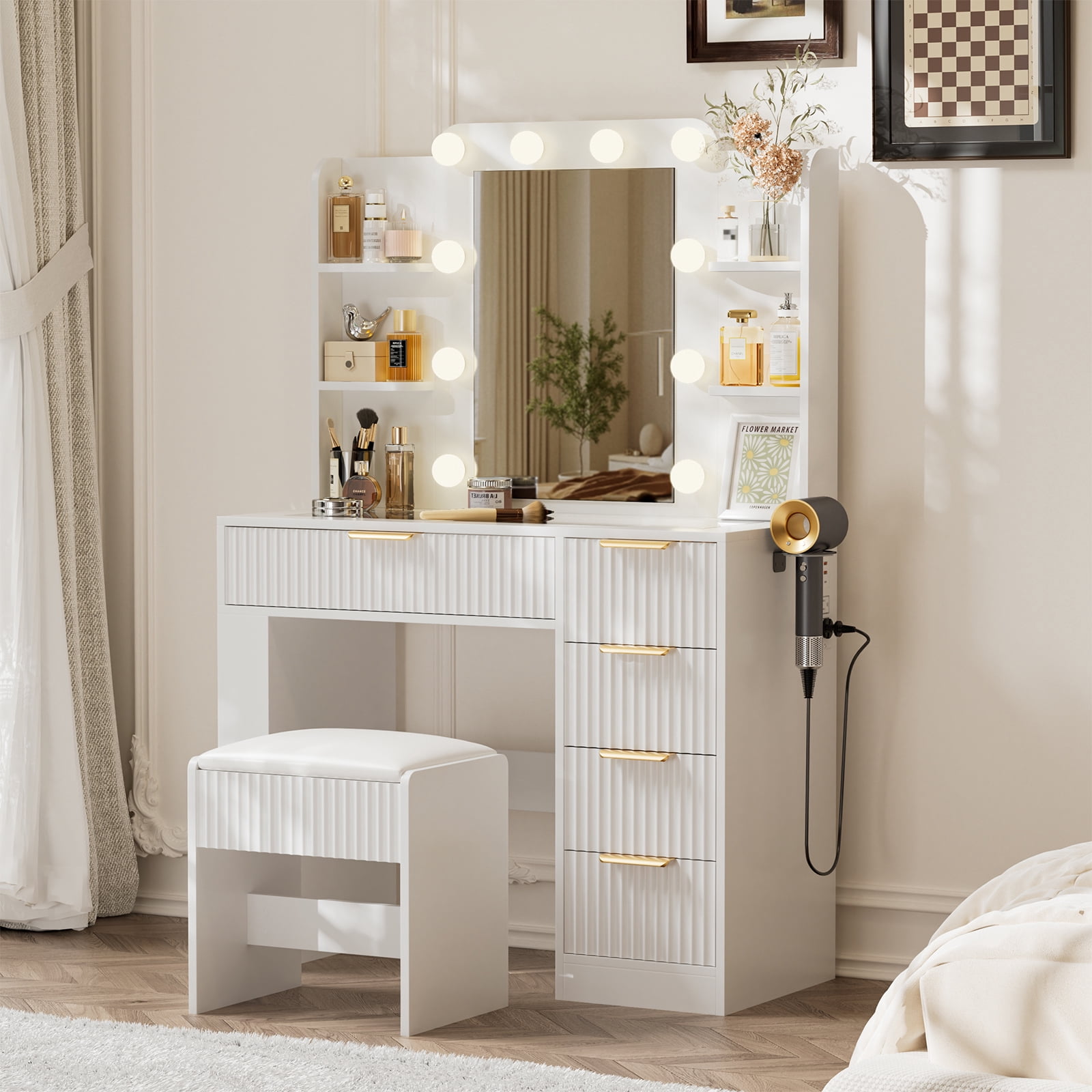 Hommoo Vanity Desk with Mirror and 3 Colors Lights, Makeup Vanity Set Dressing Table with Charging Station, Transparent Tabletop, 5 Drawers & Open Storage for Bedroom, White