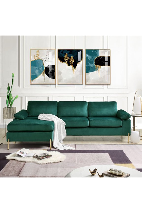 Velvet L-Shaped Sectional Sofa with Chaise, Modern Living Room Sofa Set, Green