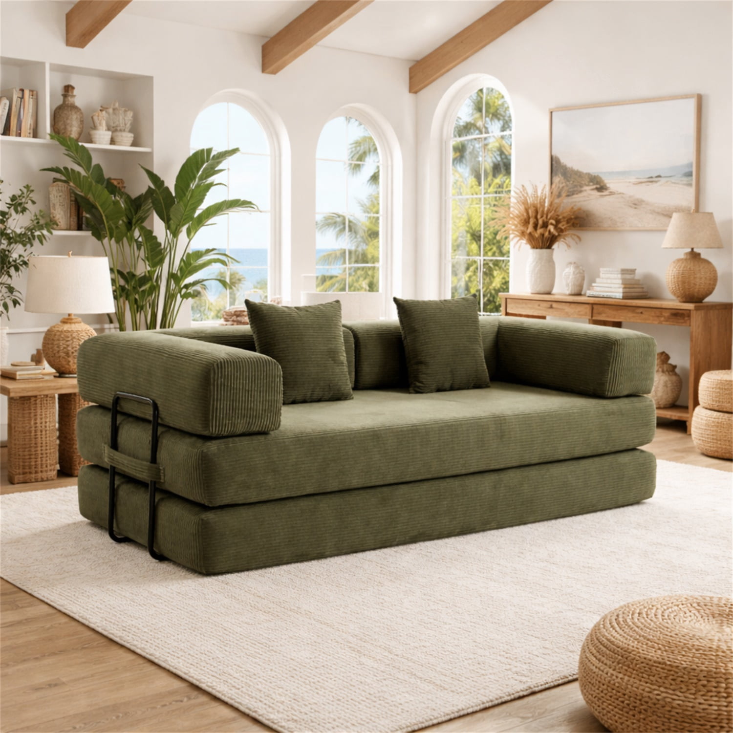 Hommoo Versatile Corduroy Fabric Full Foam Modular Compressed Sofa Couch Bed Sleeper with Multiple Layout Options, Green