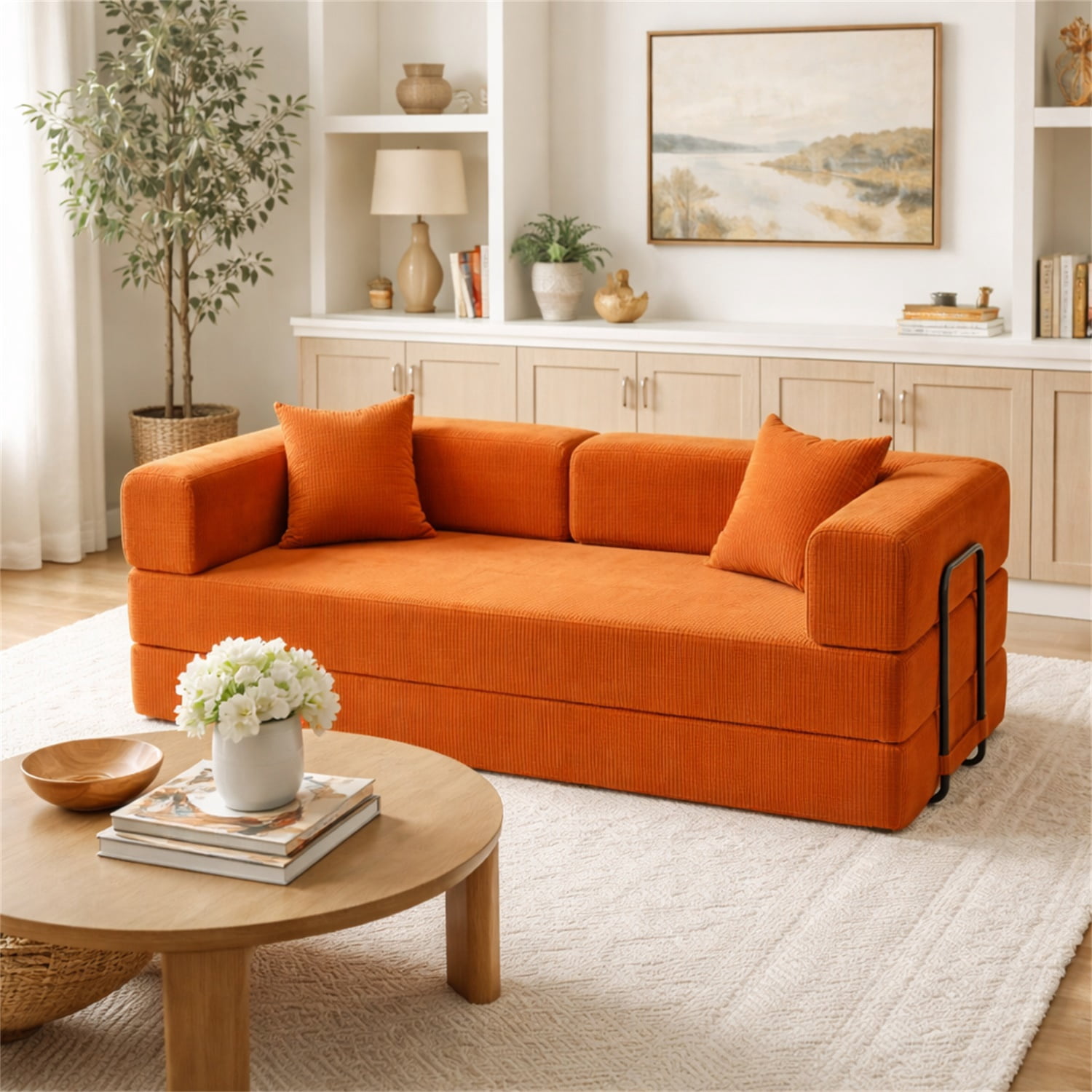 Hommoo Versatile Corduroy Fabric Full Foam Modular Compressed Sofa Couch Bed Sleeper with Multiple Layout Options, Orange