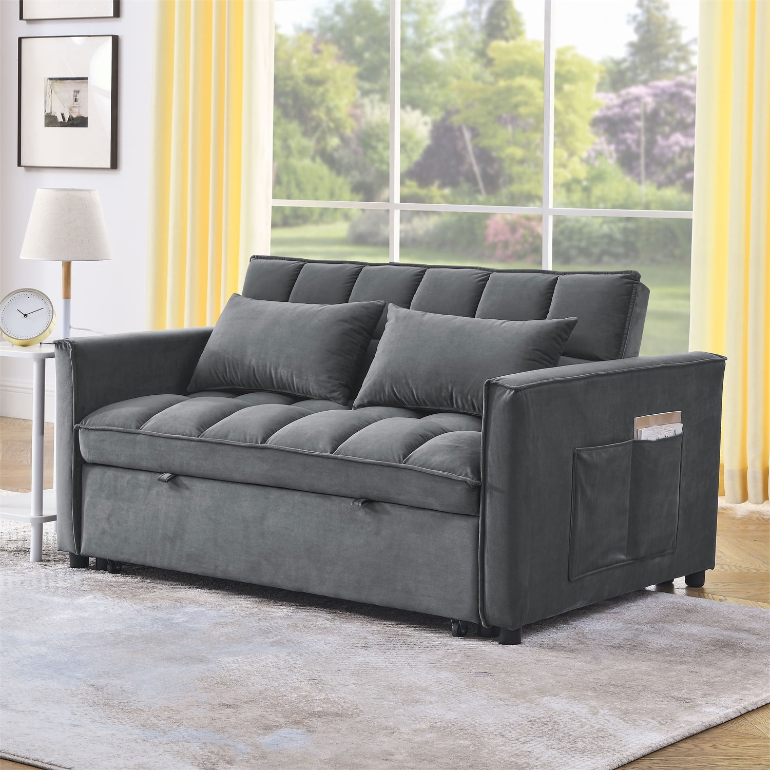 Hommoo Versatile Velvet Loveseats Reversible Pull Out Futon Couch,3 in 1 Sleeper Sofa Bed for Living Room, Dark Gray