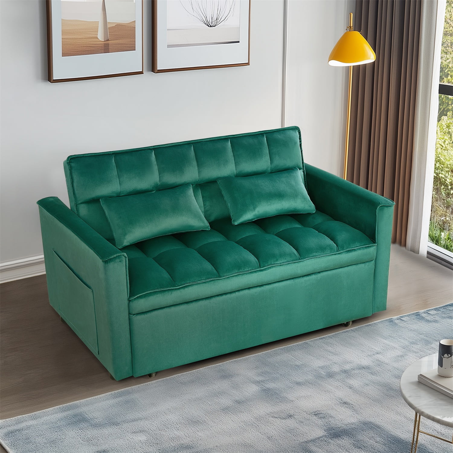 Hommoo Versatile Velvet Loveseats Reversible Pull Out Futon Couch,3 in 1 Sleeper Sofa Bed for Living Room, Green