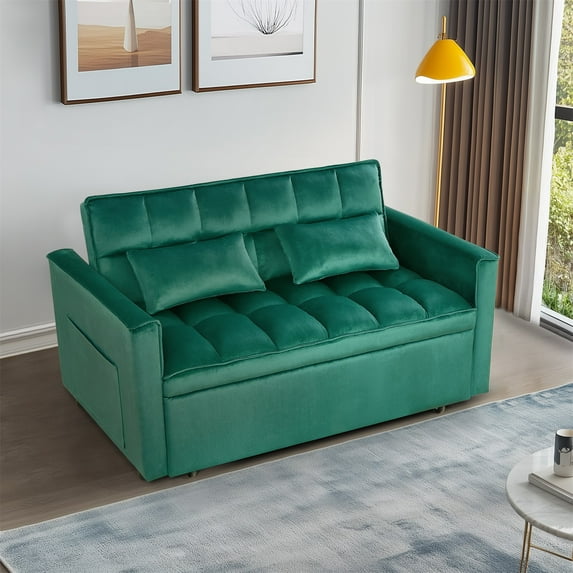 Hommoo Versatile Velvet Loveseats Reversible Pull Out Futon Couch,3 in 1 Sleeper Sofa Bed for Living Room, Green