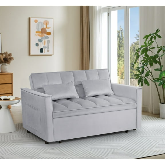Hommoo Versatile Velvet Loveseats Reversible Pull Out Futon Couch,3 in 1 Sleeper Sofa Bed for Living Room, Light Gray