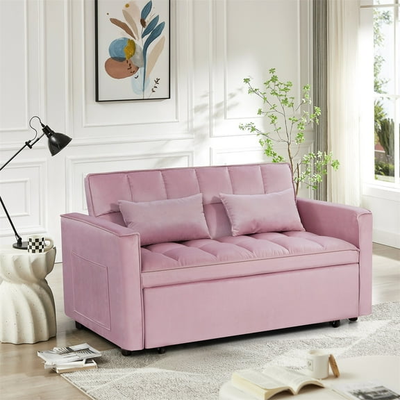 Hommoo Versatile Velvet Loveseats Reversible Pull Out Futon Couch,3 in 1 Sleeper Sofa Bed for Living Room, Pink