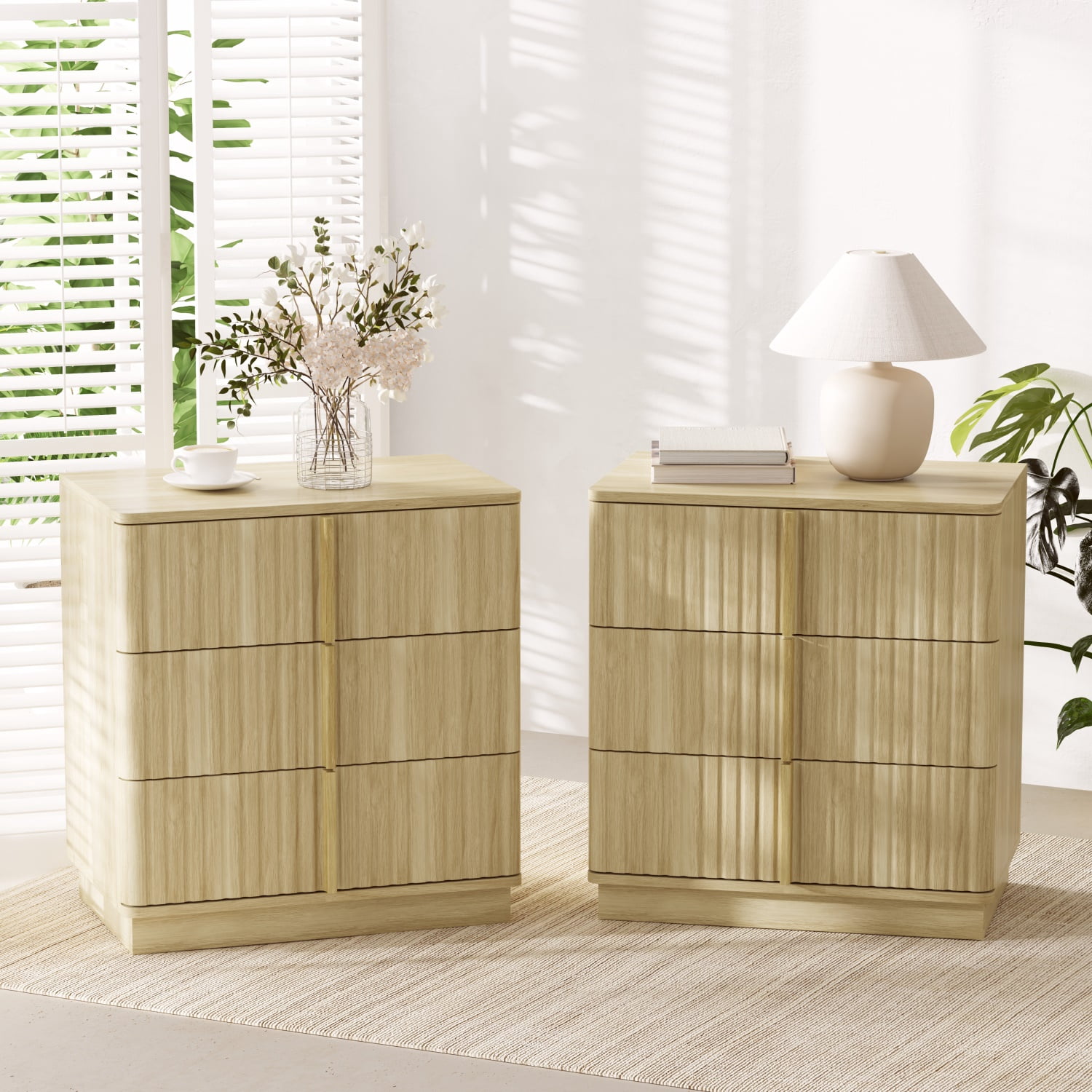 Hommoo Vintage Vertical Stripe 3-Drawer Nightstand Set of 2, MDF Retro Bedside Table for Bedroom, Living Room & Home Office, Modern Farmhouse Style, Natural
