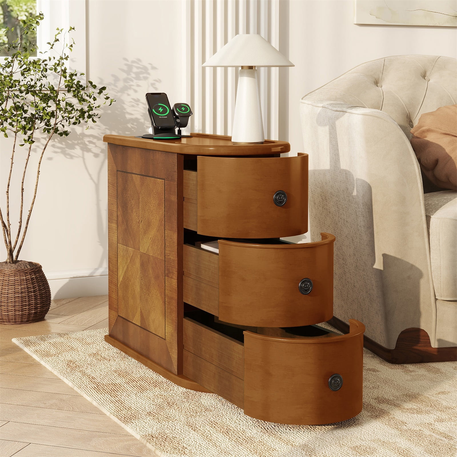 Hommoo Vintage Wood End Table with Charging Station, 3 Drawers Sofa Side Table Nightstand for Bedroom, Living Room, Closet, Walnut