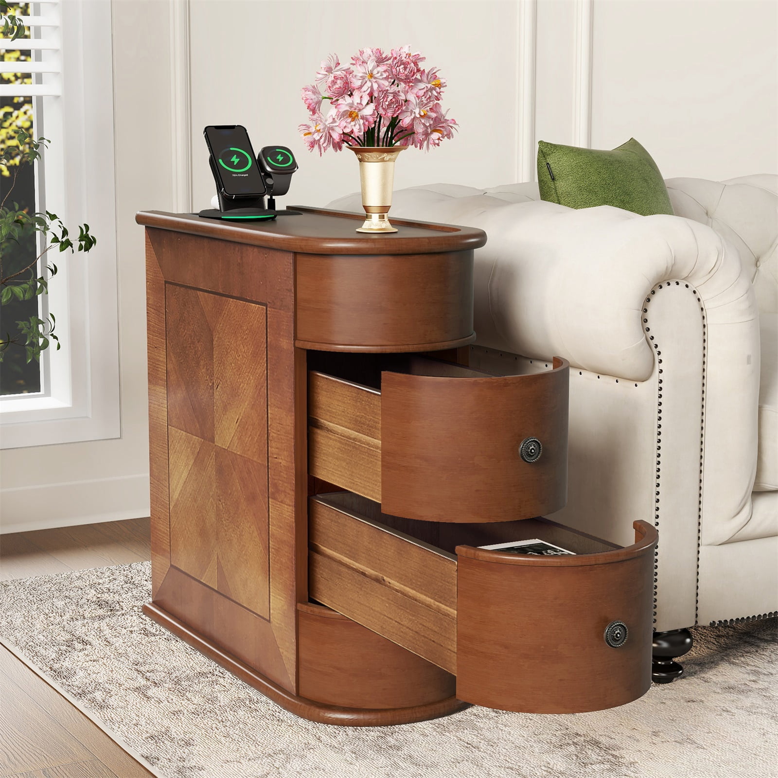 Hommoo Vintage Wood Sofa Side Table with Charging Station, 3 Drawers End Table Nightstand for Bedroom, Living Room, Closet, Walnut