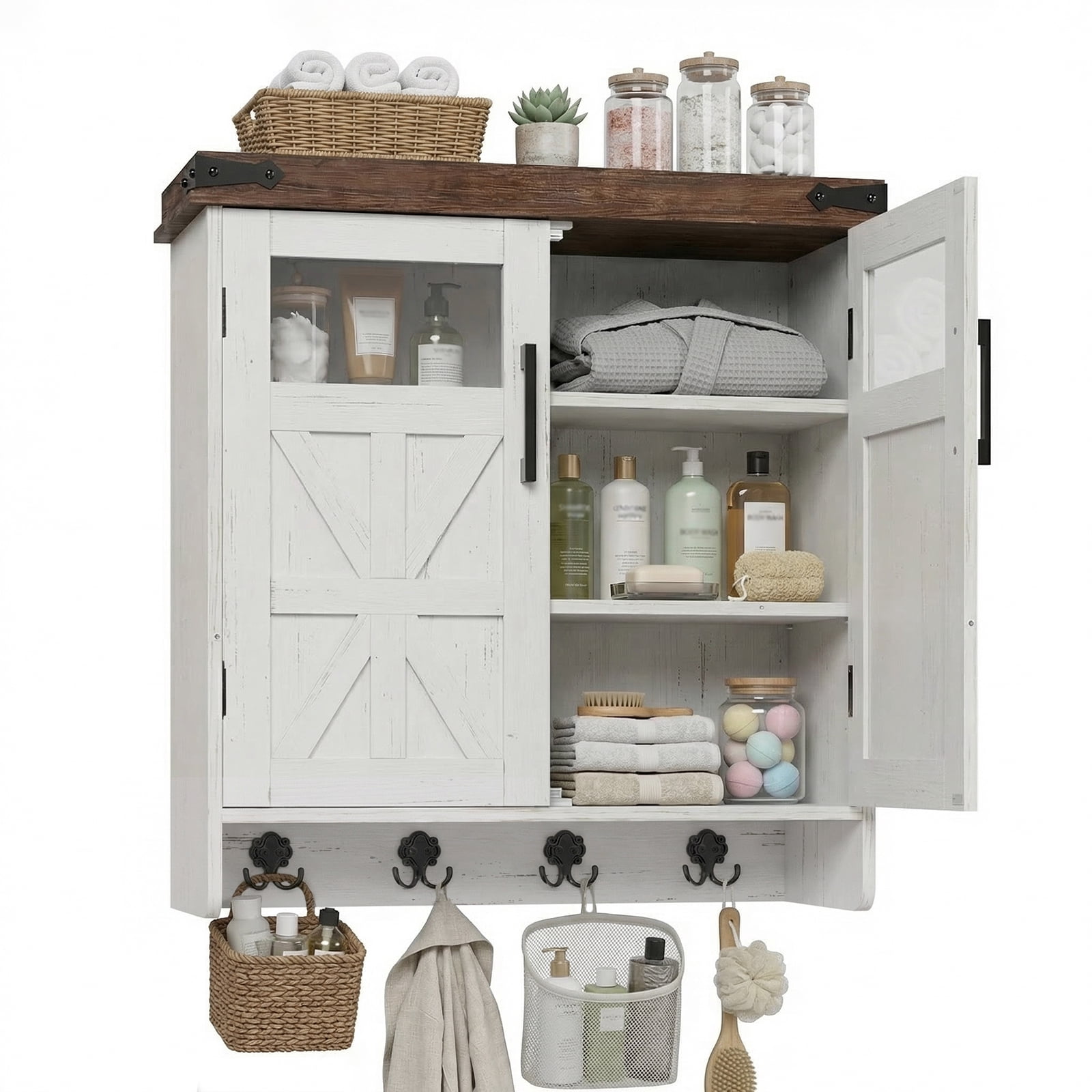 Hommoo Wall Bathroom Cabinet with Adjustable Shelves and Hooks, Medicine Cabinet Storage Organizer Cabinet for Bathroom Kitchen Garage, White