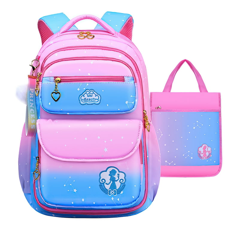Hommoo Waterproof Cute Kids Backpack, School Bag Backpack Set with Handbag,  Casual Travel Daypacks Bookbags for Age 9-11, Large Size, Pink and Blue