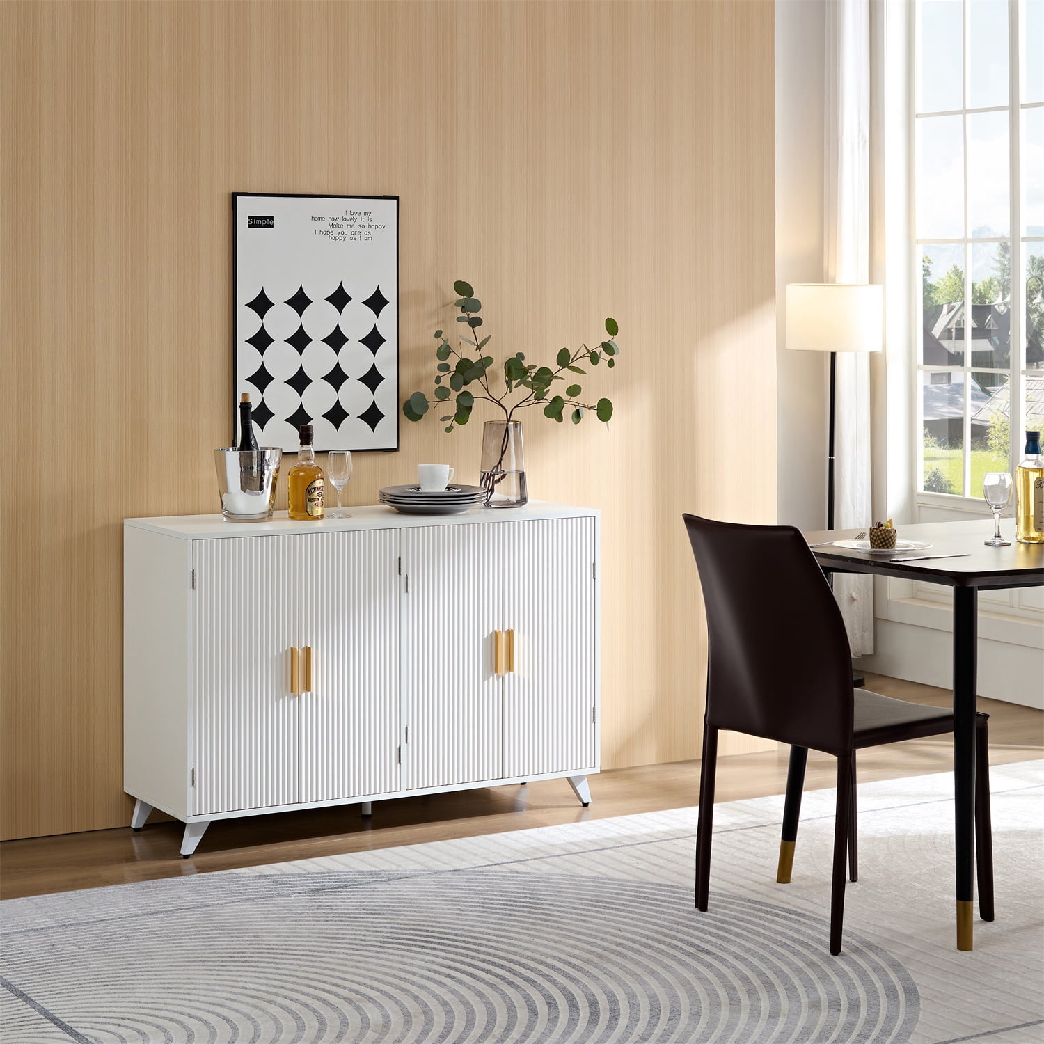 Hommoo Wavy Texture Sideboard Buffet Cabinet with 4 Doors and Removable Shelves, Accent Cabinets Coffee Bar Cabinet, Modern Multifunctional Storage Cabinet for Home, Ivory White