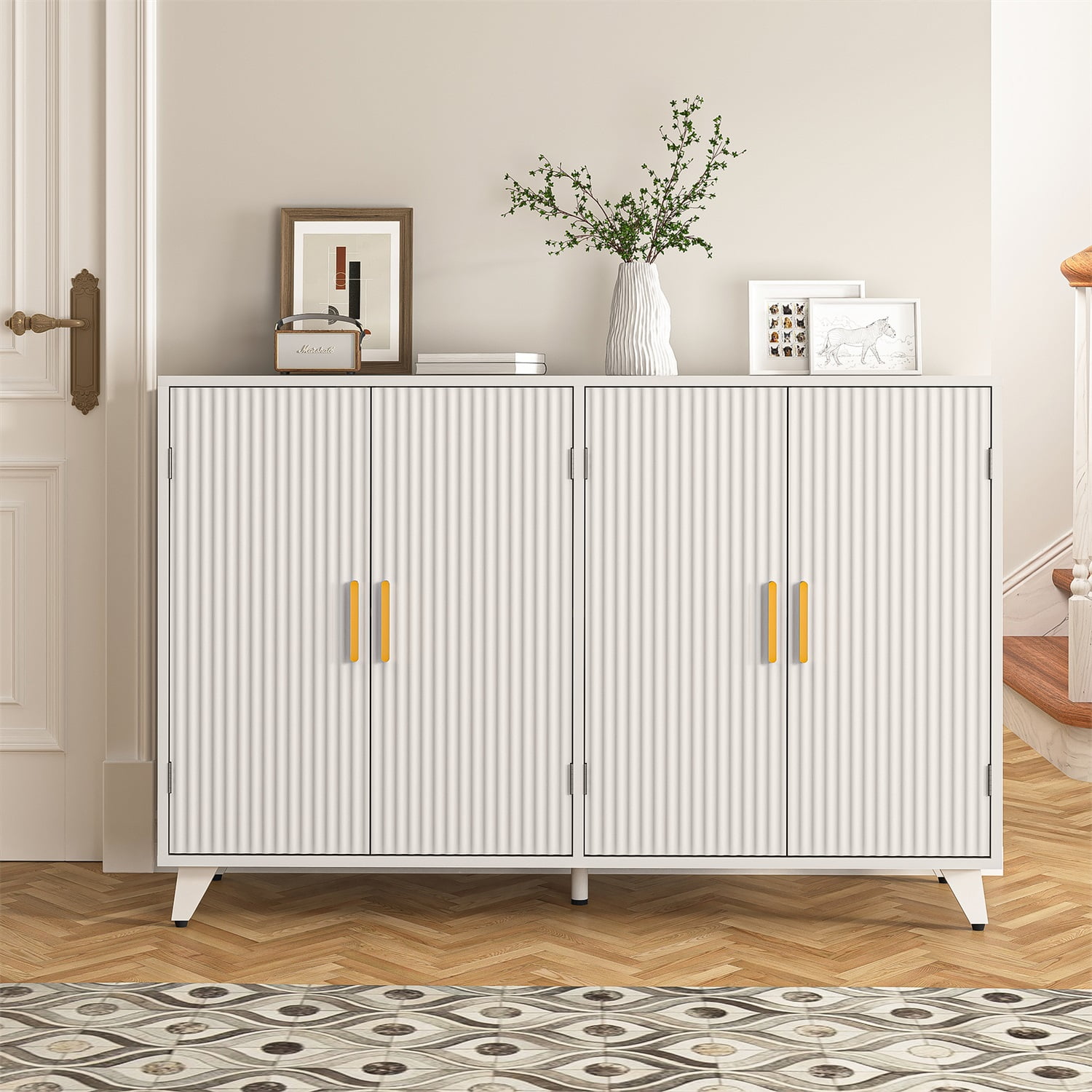 Hommoo Wavy Texture Sideboard Buffet Cabinet with 4 Doors and Removable Shelves Accent Cabinets Coffee Bar Cabinet Modern Multifunctional Storage