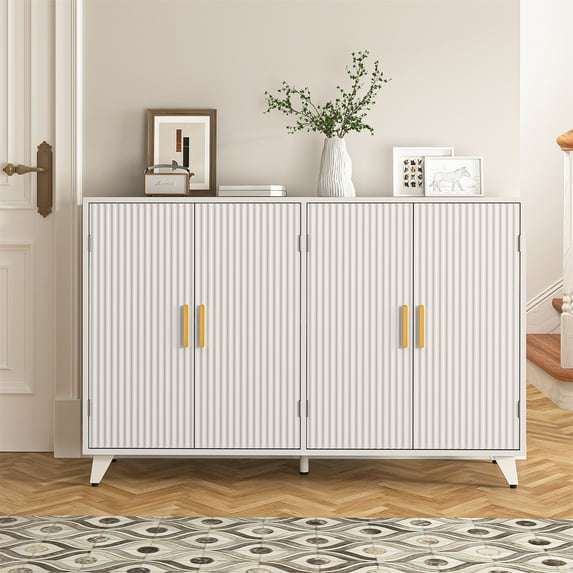 Hommoo Wavy Texture Sideboard Buffet Cabinet with 4 Doors and Removable Shelves, Accent Cabinets Coffee Bar Cabinet, Modern Multifunctional Storage Cabinet for Home, Ivory White