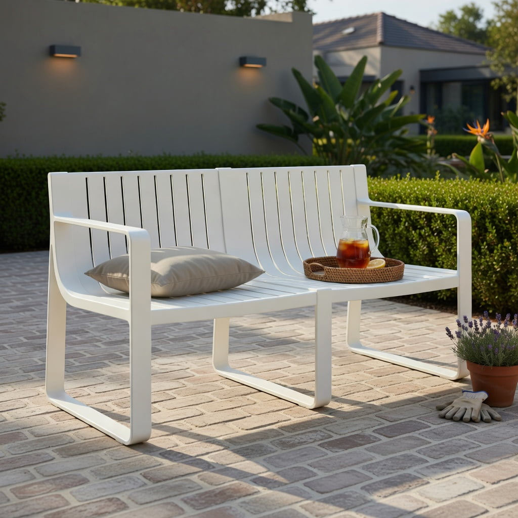 Hommoo Weather-Resistant Plastic 2-Person Outdoor Patio Loveseat Bench, Curved Backrest, White