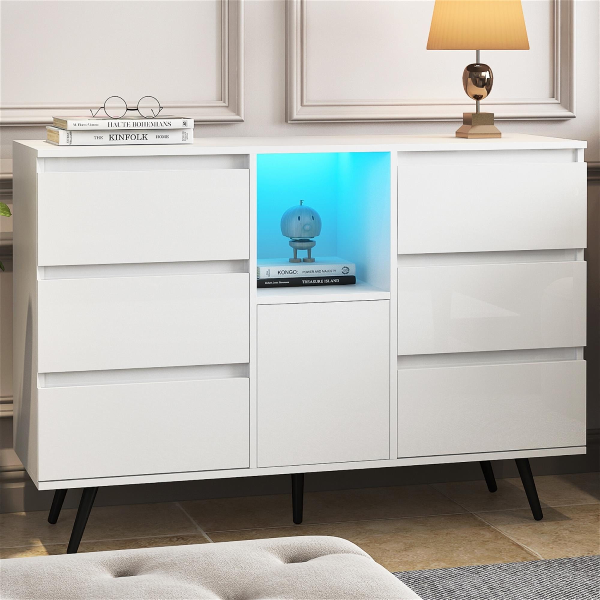 Hommoo White 6 Drawer Dresser with LED Lights Display and Storage ...