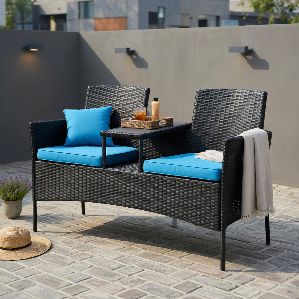 Hommoo Wicker Patio Conversation Set, Outdoor Sofa Set with Removable Cushions, Tempered Glass Table, Weather-Resistant Rattan, for Balcony, Poolside & Garden, Turquoise