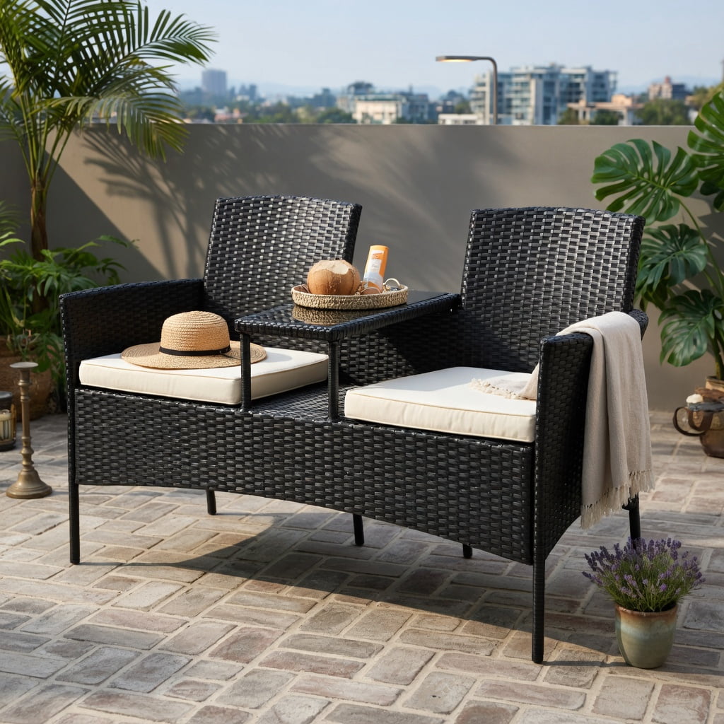 Hommoo Wicker Patio Conversation Set, Weather-Resistant Rattan Sofa with Removable Cushions, Tempered Glass Table, and Steel Frame for Backyard, Poolside or Balcony, White