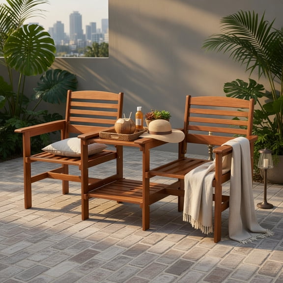 Hommoo Wood 2-Person Outdoor Patio Conversation Set with Coffee Table & Umbrella Hole, Rustic Backyard Seating for Deck, Poolside, or Garden, Natural