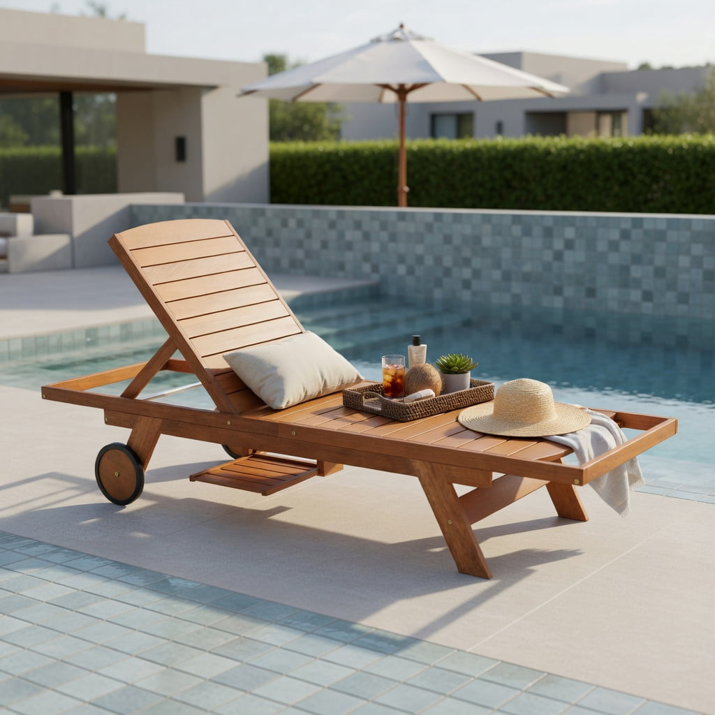 Hommoo Wood Outdoor Chaise Lounge Chair with 4-Position Adjustable Backrest, Smooth-Rolling Wheels & Extendable Side Table for Patio, Deck, Poolside, Natural