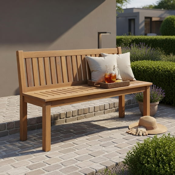 Hommoo Wood Outdoor Patio Bench for 2 People, Backless Slatted Garden Bench with Reinforced Frame, Easy 5-Minute Assembly, Perfect for Porch, Deck & Backyard, Natural