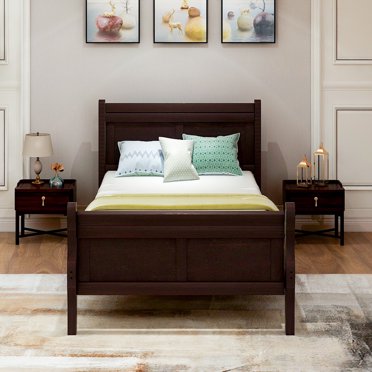 DORTALA Twin Platform Bed With Headboard – Solid Wood Frame, No Box Spring Needed, White/Espresso/Walnut, Sturdy & Modern