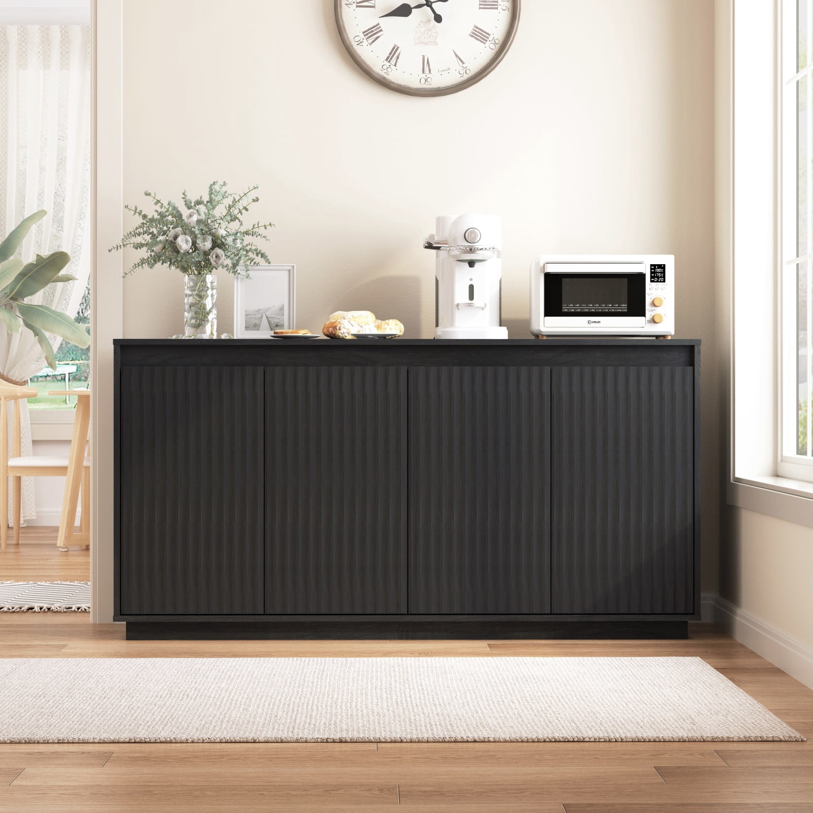Hommoo Wood Sideboard Buffet Cabinet with Power Outlet, Wavy Vertical Texture Accent Cabinet, Multifunctional 2-Tier Storage Cabinet Credenza for Home, Office, Black