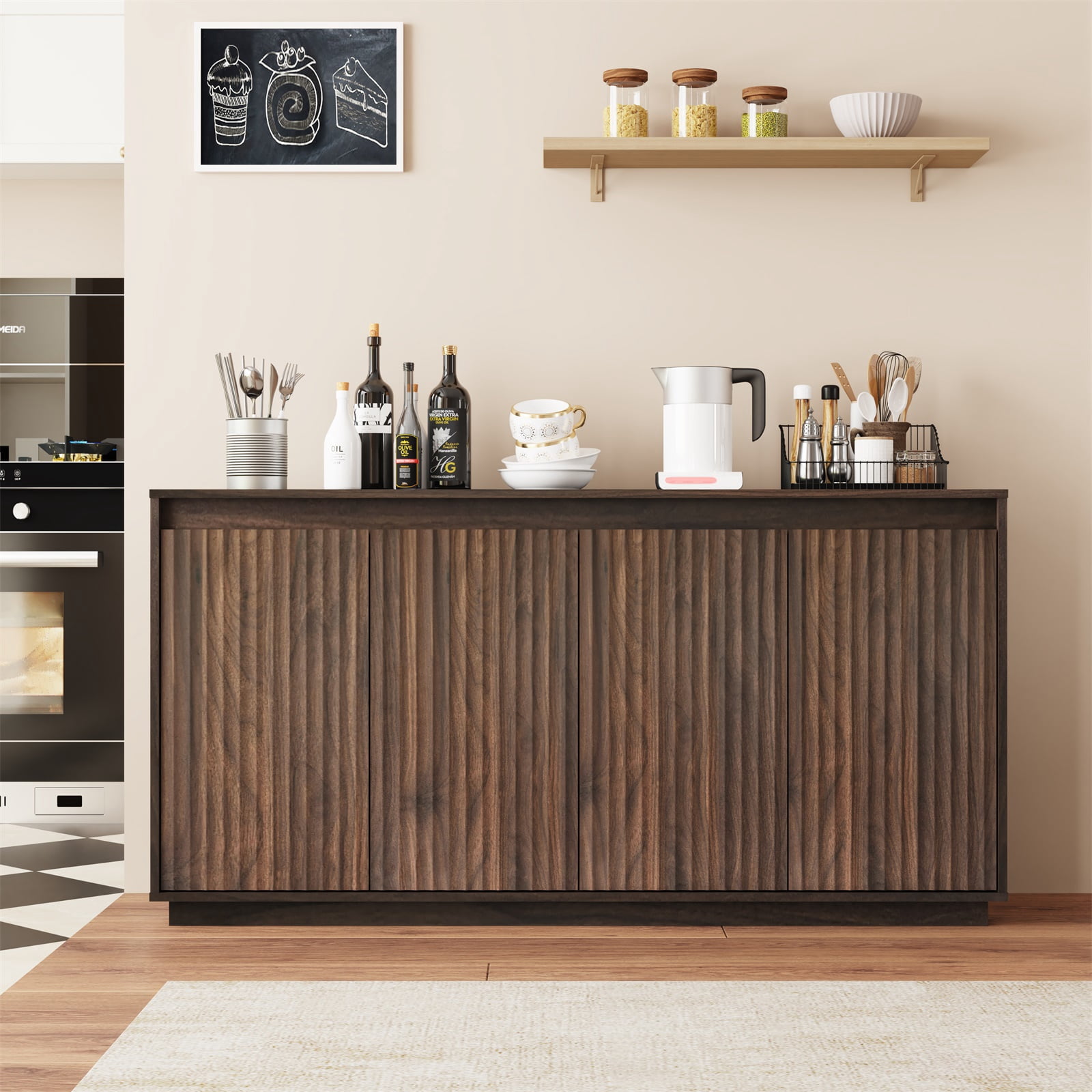 Hommoo Wood Sideboard Buffet Cabinet with Power Outlet, Wavy Vertical ...
